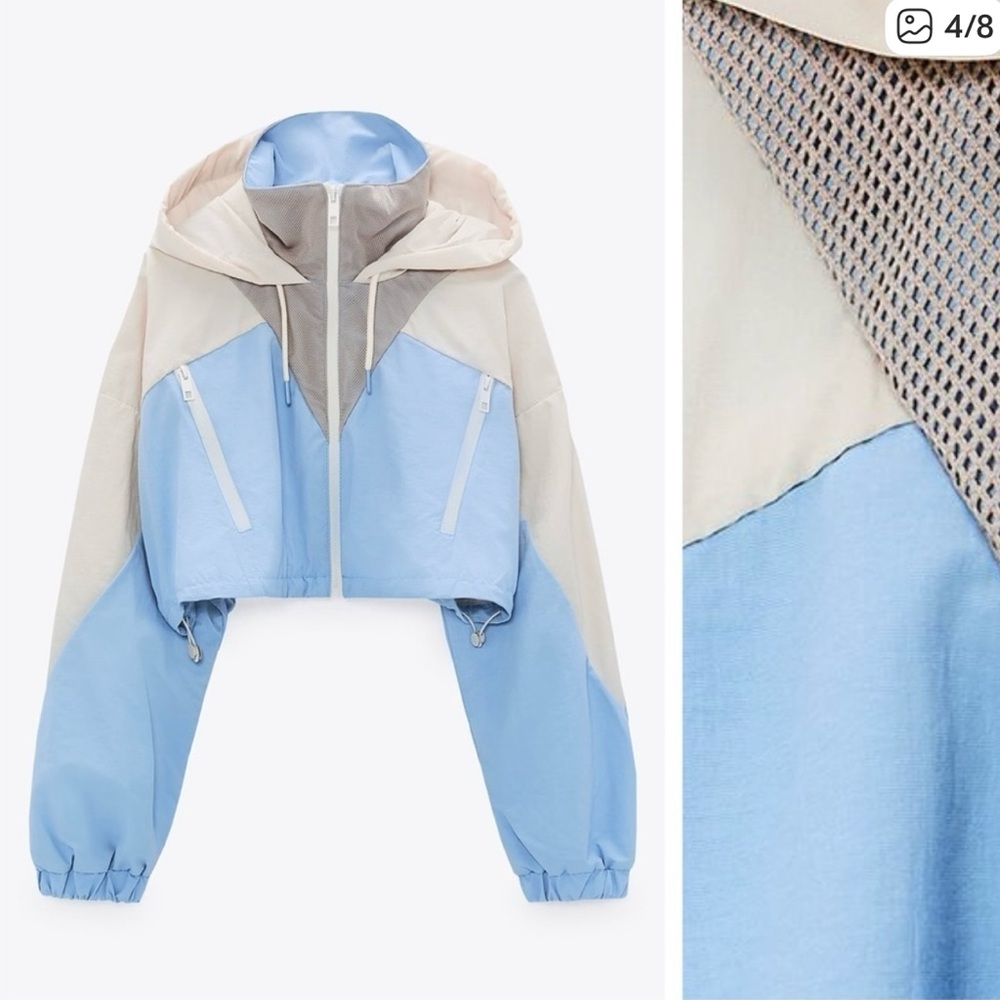 Zara Blue/Cream Combination Cropped Raincoat/Windbreaker Jacket.
Size S.